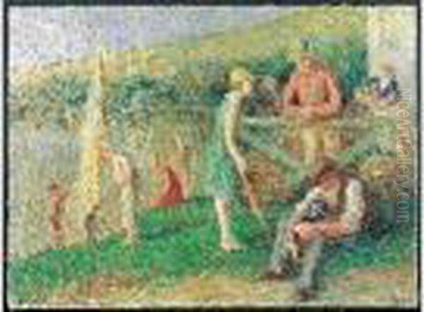 Scene Animee Au Bord De L'eau, Rolleboise Oil Painting by Maximilien Luce