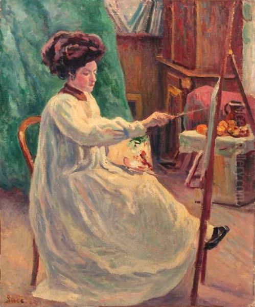 Jeune Femme A Son Chevalet Oil Painting by Maximilien Luce