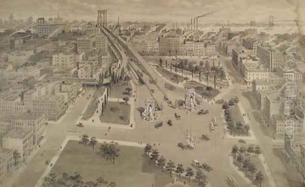 Brooklyn Plaza of the Manhattan Bridge, c.1917 Oil Painting by Harry M. Pettit