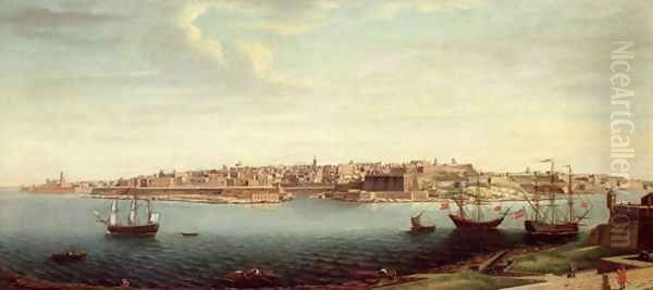 View of Valetta and the Grand Port of Malta with Ships of the Knights of St. John Oil Painting by Alberto Pulicino