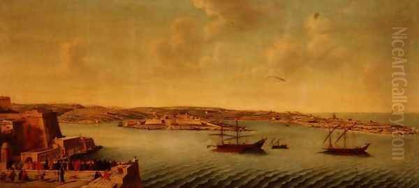 View of Valetta with Ships of the Order of the Knights of St. John Oil Painting by Alberto Pulicino