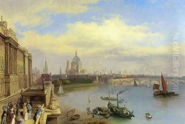 Figures Promenading Outside Somerset House, St. Paul's Cathedral Beyond Oil Painting by William Parrott