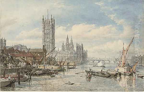 Houses of Parliament and Westminster Bridge from the South Bank of the River Thames Oil Painting by William Parrott