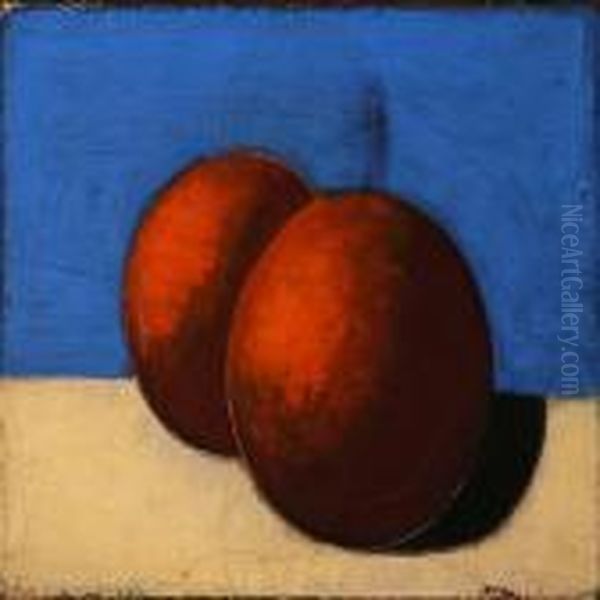 Still Life With Two Oranges On A Blue Background Oil Painting by Vilhelm Lundstrom