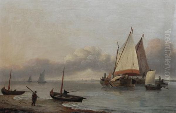 Barges Off Shore Oil Painting by Thomas Luny