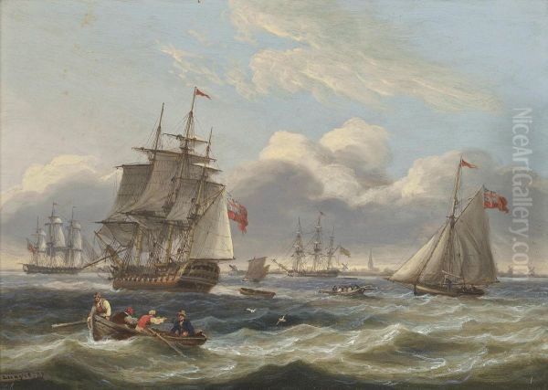 Warships And A Cutter In A Heavy Swell Off Harwich Oil Painting by Thomas Luny