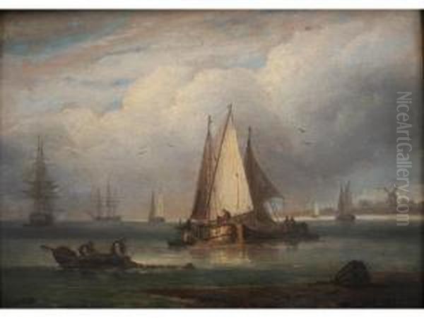 Coast Scene: Calm, Dutch Boats Oil Painting by Thomas Luny