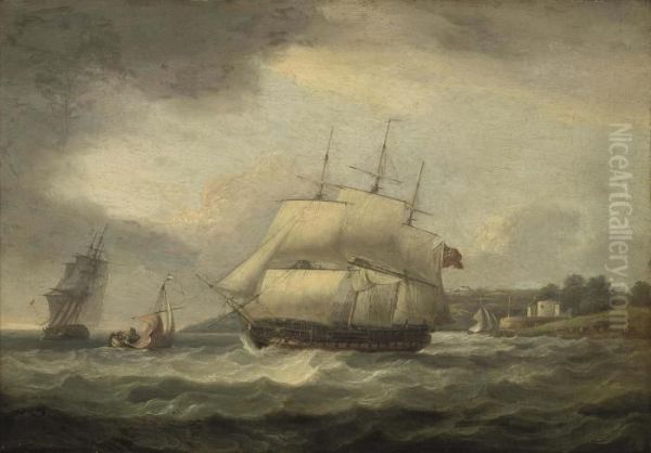 A Royal Navy Frigate In The Solent Off Cowes Castle, Isle Of Wight Oil Painting by Thomas Luny