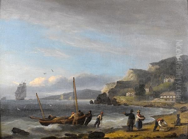 Hauling In The Lugger To Land The Catch Atbabbacombe Bay Oil Painting by Thomas Luny