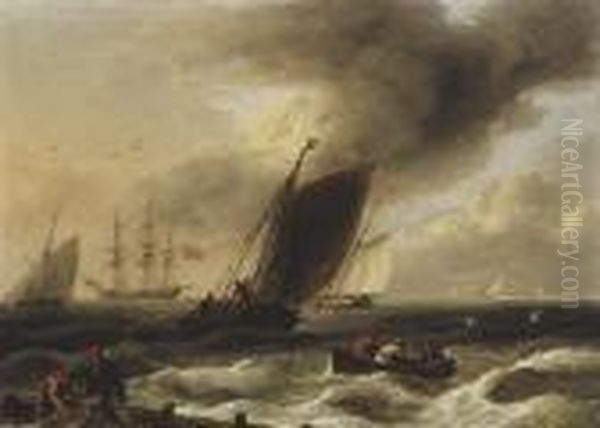 Small Craft Heading Inshore 
Ahead Of A Squall,with A Frigate Anchoring For Shelter Beyond Oil Painting by Thomas Luny