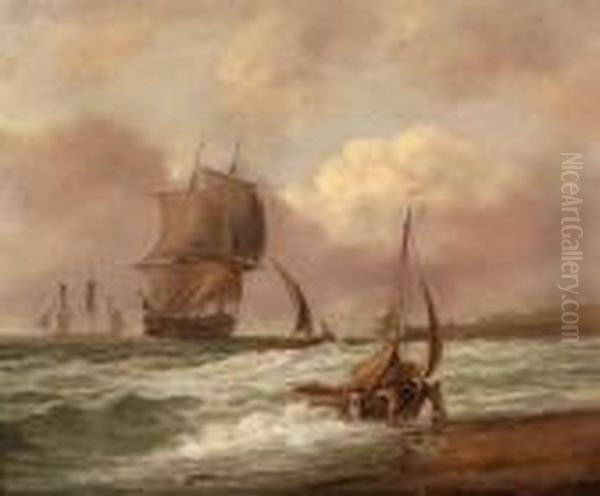 Beach Scene With Figures Launching Aboat Oil Painting by Thomas Luny