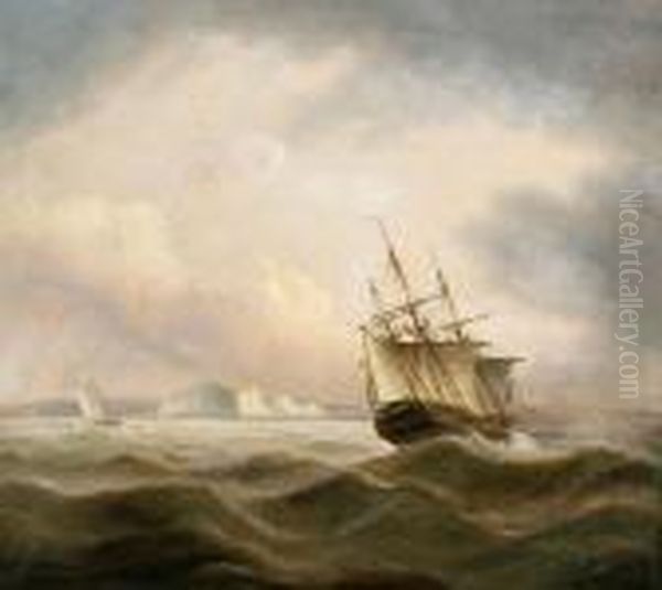 A British Frigate Off The White Cliffs Ofdover Oil Painting by Thomas Luny