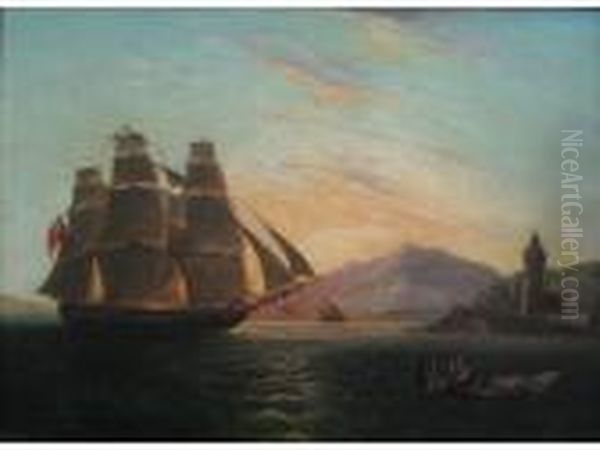 Hms Pearl Off Faro Beacon, Messina Oil Painting by Thomas Luny