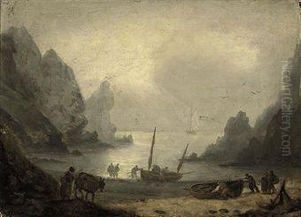 A Devonshire Inlet With Fishermen Unloading Their Catch Onto The Foreshore Oil Painting by Thomas Luny