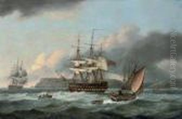 H.m.s. 
Bellerophon 
 At Anchor Off Torbay Oil Painting by Thomas Luny