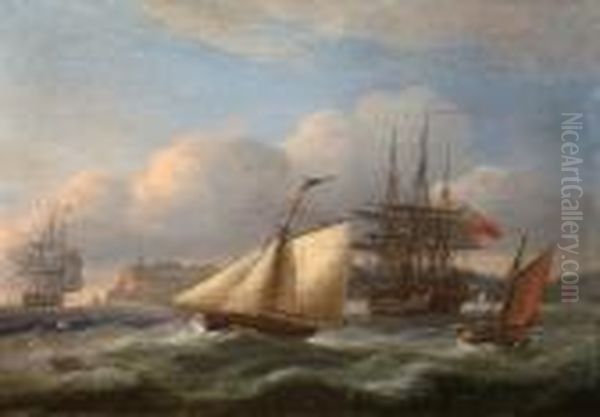 Shipping In Rough Seas, With Distantcliffs Oil Painting by Thomas Luny