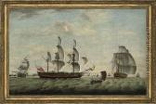 A Three-master In Three Positions In The Channel Off Dover Oil Painting by Thomas Luny