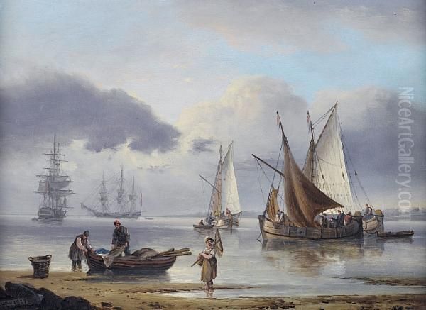 Barges Moored Inshore In A Calm Oil Painting by Thomas Luny