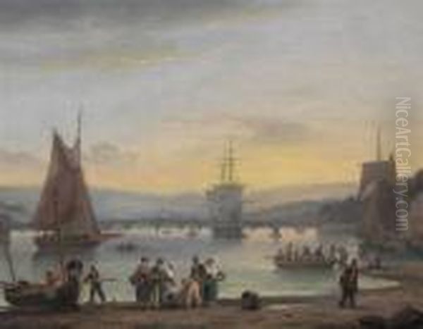 Harbour Scene At Teignmouth Devon Oil Painting by Thomas Luny