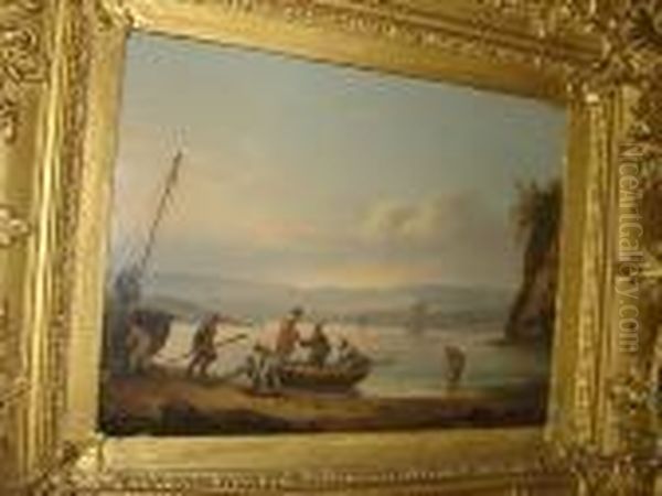 Coastal Scene With Figures Embarking Aboat Oil Painting by Thomas Luny