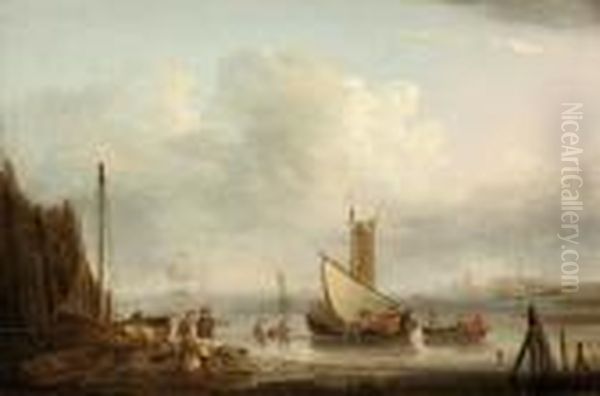 Kustlandskap Med Figurer Och Batar Oil Painting by Thomas Luny