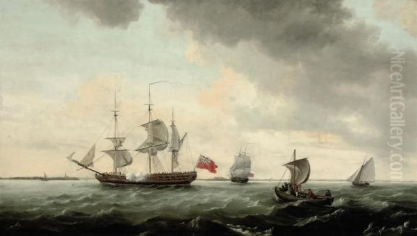 A Royal Navy Frigate Signalling Her Arrival Off Harwich Oil Painting by Thomas Luny