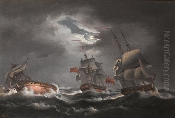 An Anglo-french Naval Engagement Oil Painting by Thomas Luny