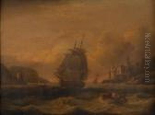 A Mastedship And Rowing Boats In An Estuary Oil Painting by Thomas Luny