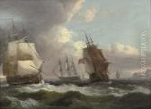 English Warships In A Stiff Offshore Breeze Oil Painting by Thomas Luny