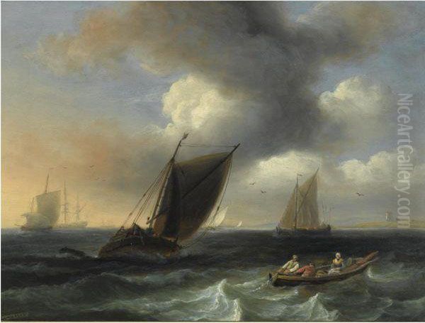 Shipping Off The Coast In A Stiff Breeze Oil Painting by Thomas Luny