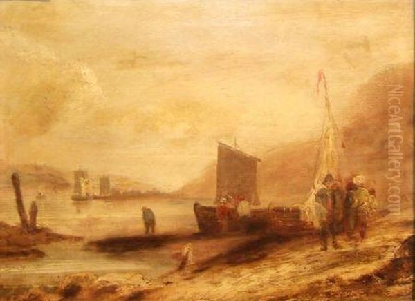 Coastal Scene With Figures And Boat By The Shore Oil Painting by Thomas Luny