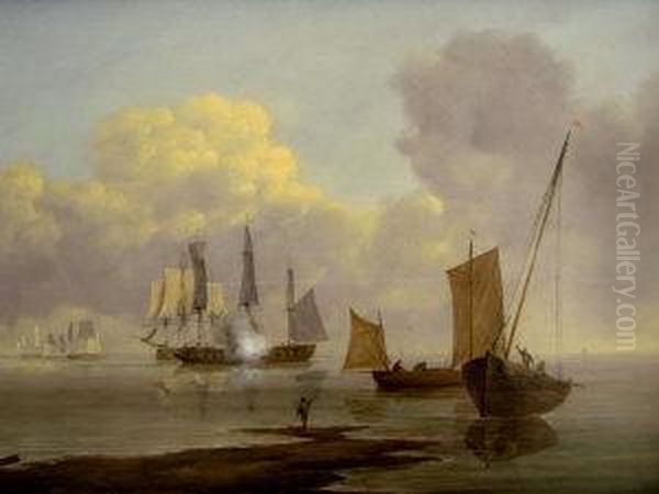 Shipping Scene In Calm Waters Oil Painting by Thomas Luny