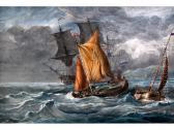 Fishing Boats And Man O'war Off Shore In Heavy Seas Oil Painting by Thomas Luny