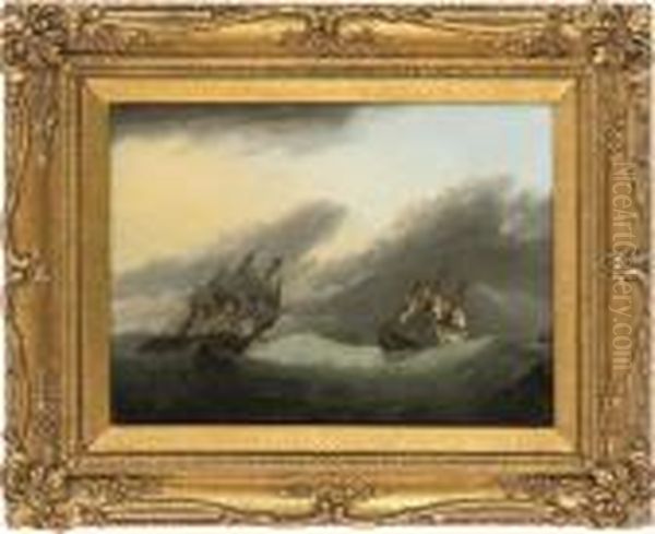 Warships In An Offshore Swell Oil Painting by Thomas Luny