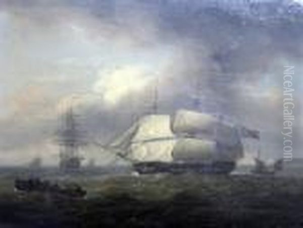 Frigate At Sea & Fishermen In An Estuary Oil Painting by Thomas Luny