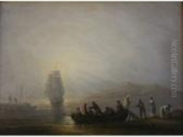 Figures Alighting From A Ferry Boat At Sunset Oil Painting by Thomas Luny