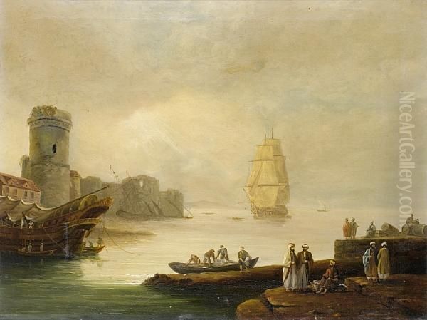 Figures On A Quayside Before A Ruinedport Oil Painting by Thomas Luny