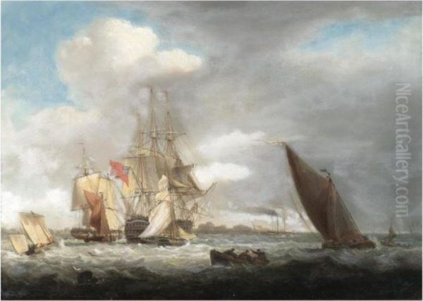 A British Man-of-war Surrounded By Coastal Craft Oil Painting by Thomas Luny