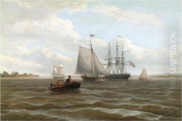 An American Frigate At Anchor In An Estuary Oil Painting by Thomas Luny