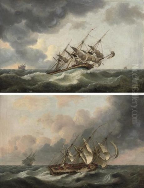 A Frigate Reefed Down And Riding
 Out The Gale; And A Merchantman Inclose Quarters In The Channel, In A 
Stiff Breeze Oil Painting by Thomas Luny