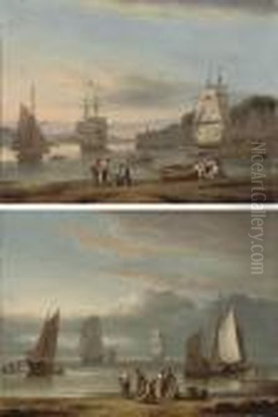 Teignmouth Harbour At Low Tide; And Sorting The Catch On Theforeshore Oil Painting by Thomas Luny