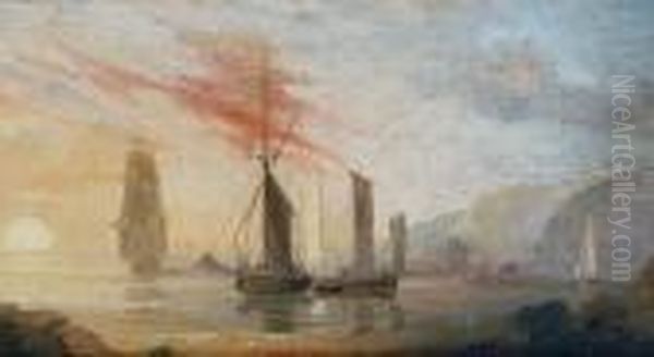 Shipping At Sunset And Evening, A Pair Oil Painting by Thomas Luny