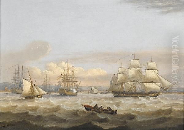 Ships Of The Fleet Off Portsmouth, With Adeparting Frigate In Open Water Oil Painting by Thomas Luny