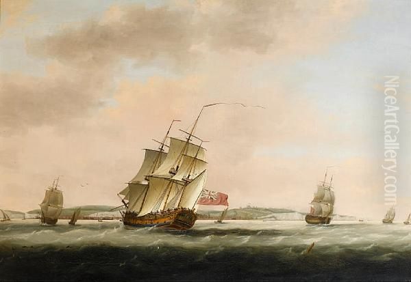 A Fifth Rate Of 44 Guns In Two Positions Offdover With Other Shipping Nearby Oil Painting by Thomas Luny