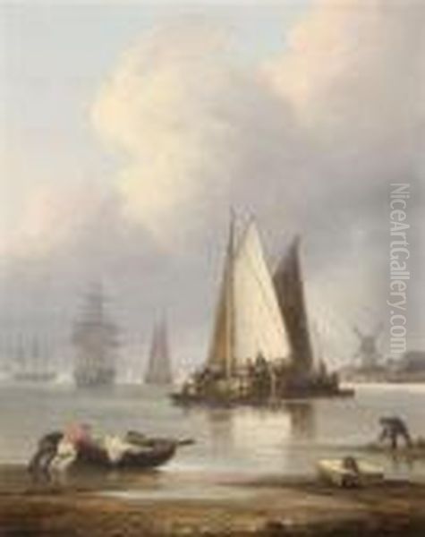 Low Tide In The Estuary With Vessels At Anchor And Loading Oil Painting by Thomas Luny