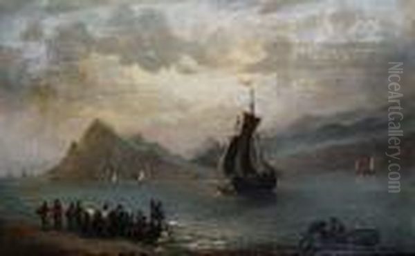 Unloading A Boat In A River Estuary Oil Painting by Thomas Luny