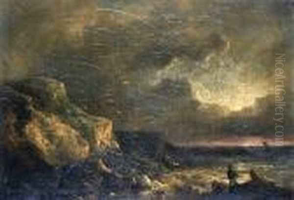 Fishermen Hauling In A Net On A Rockyheadland Oil Painting by Thomas Luny