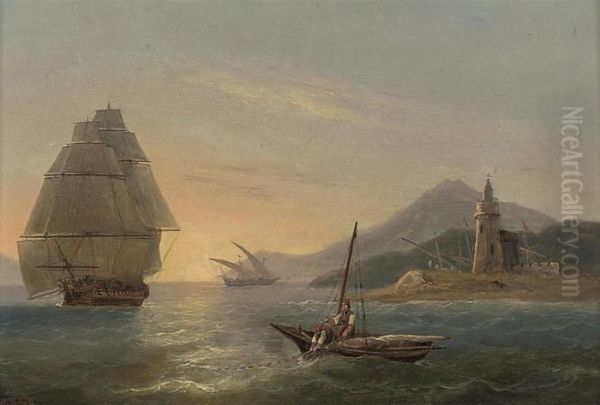 Fishermen Casting Their Nets Off
 A Lighthouse In The Strait Ofmessina, With Mt. Etna Beyond Oil Painting by Thomas Luny