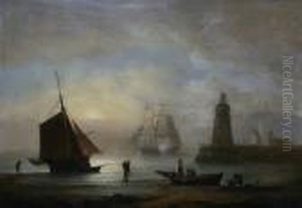 Shore Scene With Fishermen Tending Their Nets Oil Painting by Thomas Luny