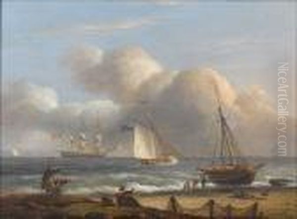 An Armed Cutter Caught In The 
Surf Off A Beach, With An Anchored Frigate Firing A Salute Offshore Oil Painting by Thomas Luny